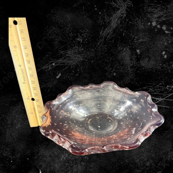 Hand Blown Art Glass Dish Bowl Ruffled Edges Purple Amethyst Glass Bullicante - Picture 9 of 9